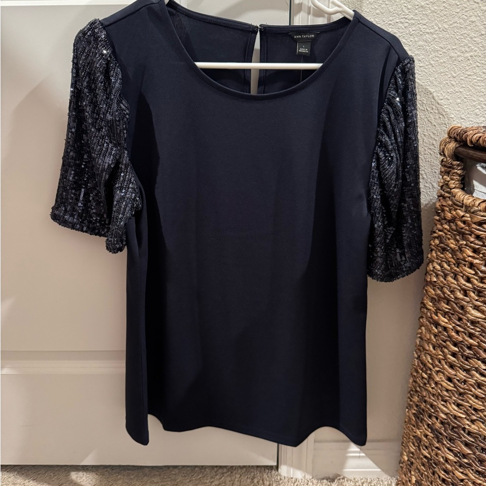 Ann Taylor Navy Sequin Sleeve Blouse
